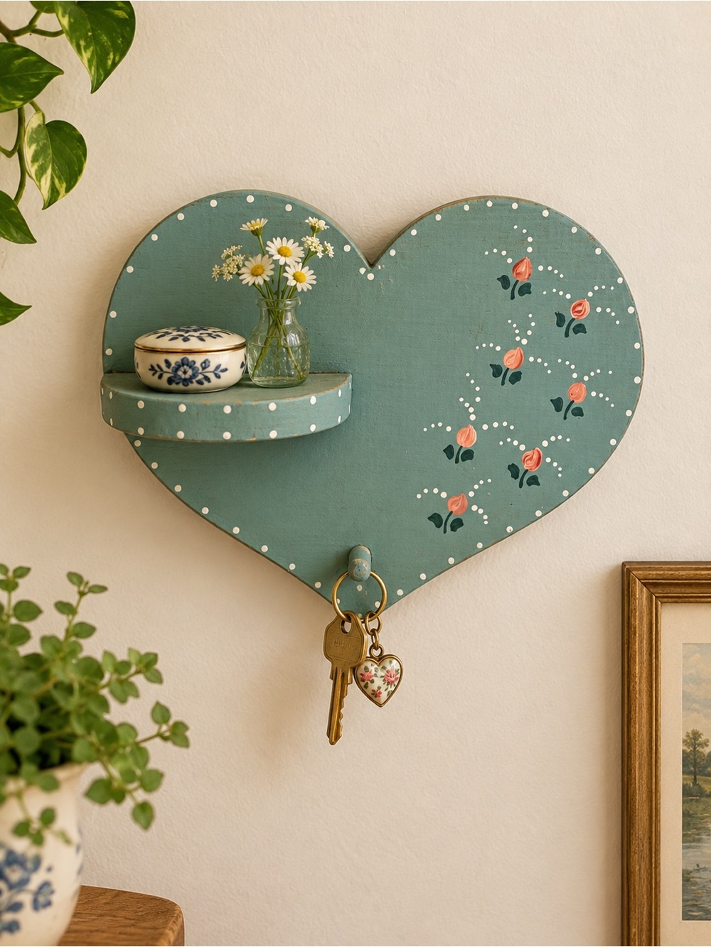 Vintage Teal Colored Heart Wall Shelf /Key Hook with Pink Floral Motif
